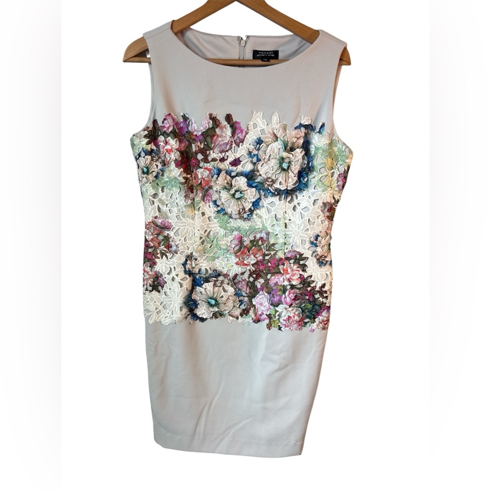 Tahari Floral Lace Overlay Sheath Sleeveless Stone Dress Size 10 Gardencore